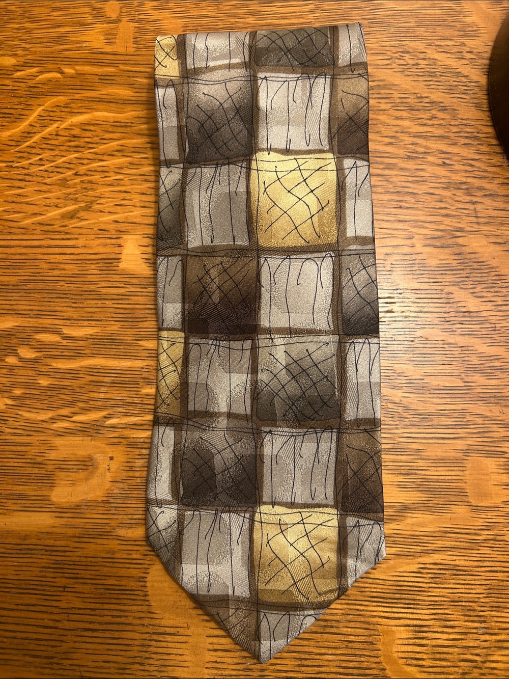 J. Garcia Brown, Tan and Gold Checkered Silk Tie
